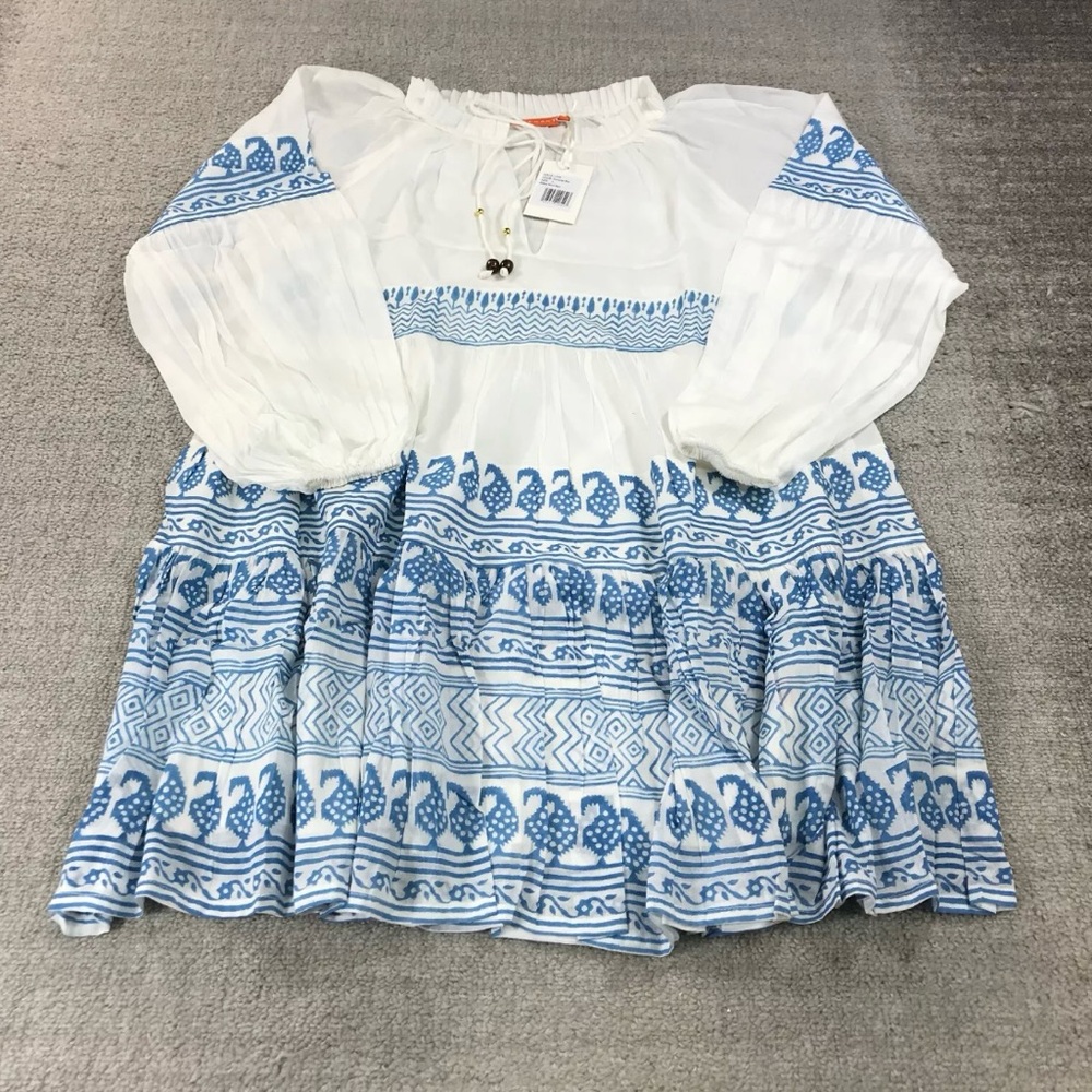 NEW WITH TAGS Oliphant Size Large Balloon Sleeve Short Dress in Santorini Blue